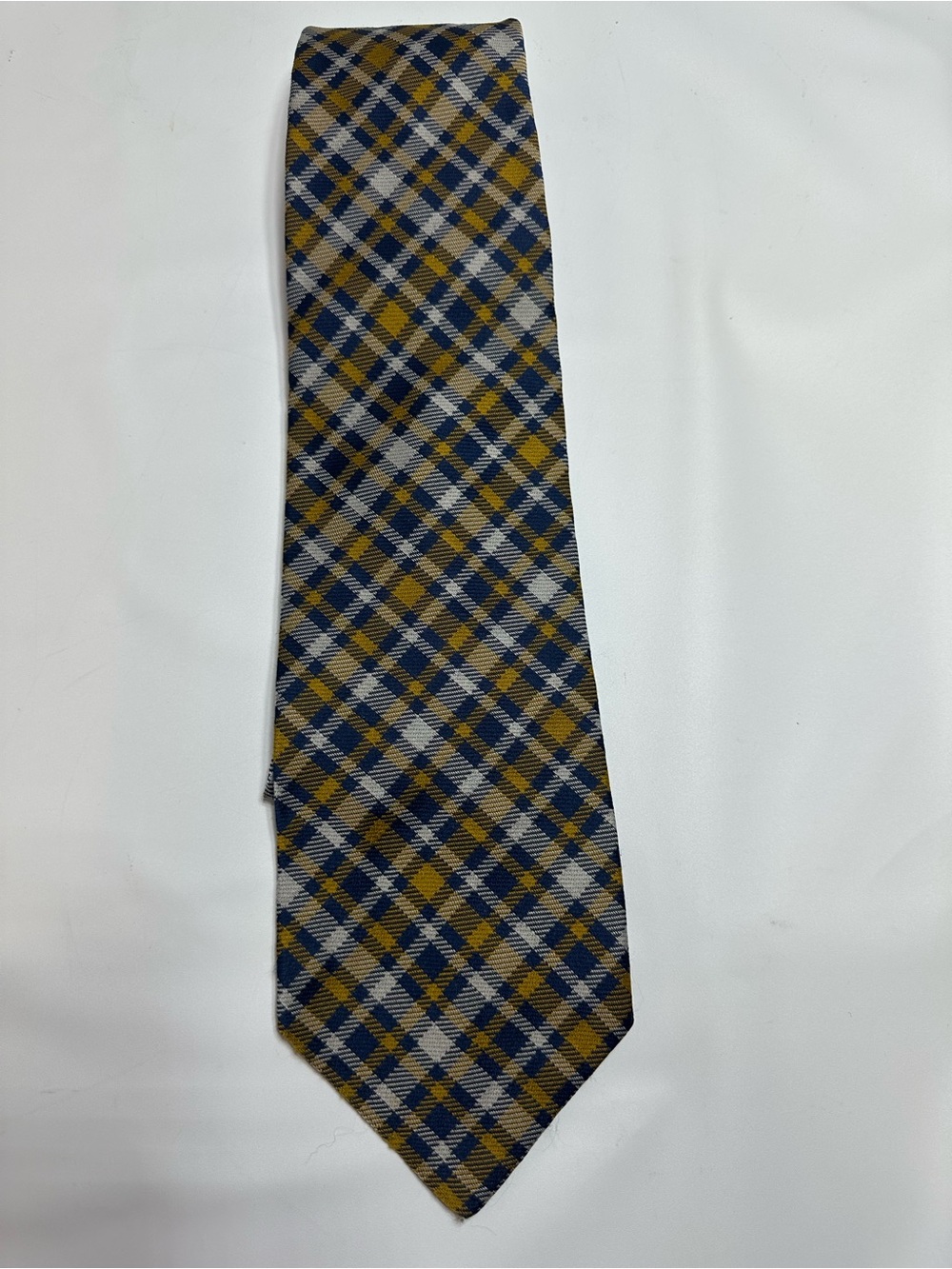 Yves Saint Laurent Blue, Tan and Gray Plaid Silk Tie 1970s